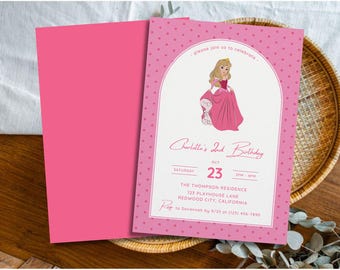 Sleeping Beauty Birthday Invitation Template, Pink Princess Party Invite, Editable Polka Dot Canva Birthday Card