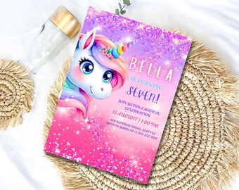 Unicorn Birthday Invitation, Pink Unicorn Party Invite, Magical Sparkle Girl Birthday Invitation, Kids Unicorn Party,  Canva Template