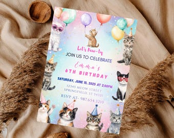 Cat Birthday Invitation, Kitten Party Invitation, Girl Cat Birthday Invite, Cute Kitty Party Invite, Editable Canva Template