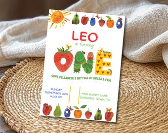 Caterpillar 1st Birthday Invitation, Hungry Caterpillar Party Invite, First Birthday Invite Boy or Girl, Printable Canva Template