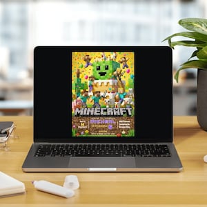 May include: A laptop displays a colorful Minecraft-themed birthday party invitation. The invitation features pixelated characters, a cake, and the game's logo. The screen is set on a wooden desk with office supplies and a potted plant.