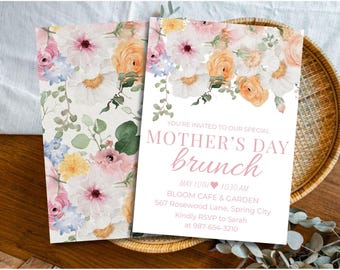 Floral Mother’s Day Brunch Invitation, Spring Brunch Invite, Pink Floral Mom Celebration, Elegant Party Invite, Editable Canva Template