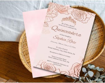 Pink Floral Quinceañera Invitation Template, Rose Gold Sweet 15 Invite, Editable Peach Blush Party Canva Card