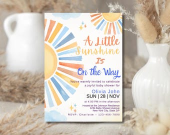 Here Comes the Son Baby Shower Invitation, Sunshine Baby Shower Invite, Baby Shower Invite, Boho Sun Baby Shower, Editable Canva Template