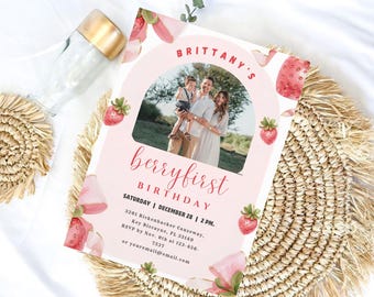 Coquette Strawberry 1st Birthday Invitation Editable Canva Template Berry Sweet First Birthday Invite