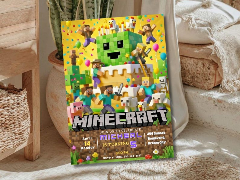 May include: A colorful Minecraft-themed birthday party invitation. The design features pixelated characters, a cake, and the word "Minecraft." The invitation includes the date, time, and location for the party.