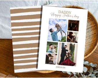 Modern Father’s Day Photo Collage Card Template, Editable Dad Holiday Card, Family Picture Printable Canva Design