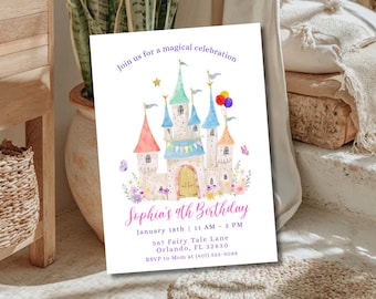 Princess Castle Birthday Invitation, Girl Party Invite, Fairytale Castle Birthday Invitation, Kids Princess Party, Editable Canva Template