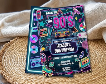 Back to the 90s Birthday Invitation Editable Canva Template Neon Glow Dance Party Retro Digital Invite