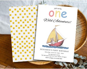 One Wild Adventure 1st Birthday Invitation, Wild One Birthday Invite, Jungle Safari  Party Invite, Boy 1st Birthday, Editable Canva Template