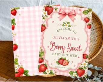 Berry First Birthday Invitation Editable Canva Template Strawberry Gingham 1st Birthday Digital Invite