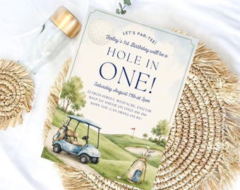Hole In One Pierwsze Urodziny Zaproszenie Edytowalny Szablon Canva Golf Par Tee Pierwsze Urodziny Zaproszenie