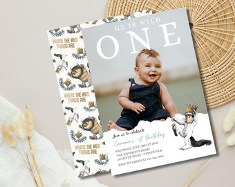 Wild One Photo Birthday Invitation, Jungle Safari 1st Birthday Invite, Boy First Birthday Photo Invite, Editable Canva Template