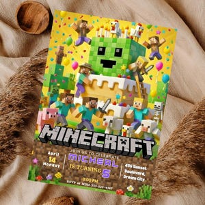 May include: A colorful Minecraft-themed birthday party invitation. The invitation features a Minecraft Creeper cake, characters, and the game's logo. The text includes the name "Micheal", age 5, date, time, and location.