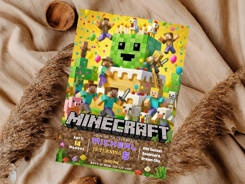 May include: A colorful Minecraft-themed birthday party invitation. The invitation features a Minecraft Creeper cake, characters, and the game's logo. The text includes the name "Micheal", age 5, date, time, and location.