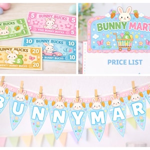 Puede incluir: Decoraciones con temática de Pascua con un motivo de conejito. Incluye dinero de juguete llamado "Bunny Bucks" en denominaciones de 1, 5, 10 y 20. También se muestra un letrero de "Bunny Mart" y una pancarta con el texto "Bunny Mart".