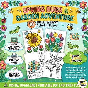 Puede incluir: Una descarga digital con páginas para colorear "Spring Bugs & Garden Adventure". La imagen muestra 10 páginas para colorear llamativas y fáciles con ilustraciones temáticas de jardín, incluyendo abejas, flores y un caracol. El producto es un PDF imprimible.