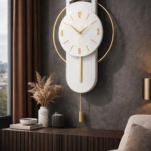 Modern Minimalist Wall Clock with Pendulum, Large Decorative Silent Wall Clock, Nordic Style White & Gold Wall Art, Unique Housewarming Gift