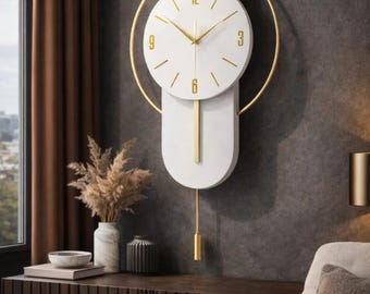 Moderne minimalistische Wanduhr mit Pendel, große dekorative stille Wanduhr, weiße und goldene Wandkunst im nordischen Stil, einzigartiges Einweihungsgeschenk