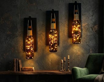 Industrial Wine Bottle Wall Sconce with Fairy Lights, Rustic Farmhouse Wall Decor, Reclaimed Wood Bottle Hanging Lamp, Housewarming Gift