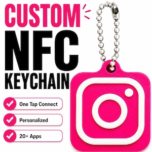 May include: A square, hot pink NFC keychain featuring a white Instagram logo icon. The keychain includes a silver-toned metal ball chain. Text on the image reads: CUSTOM NFC KEYCHAIN, One Tap Connect, Personalized, and 20+ Apps.