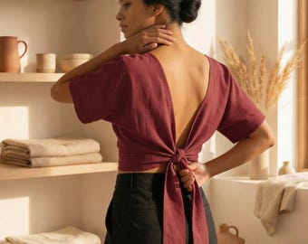 Blusa cruzada de lino, Blusa reversible de lino, Blusa de lino con espalda abierta, Blusa cruzada de lino, Blusa de lino para mujer, Blusa de lino natural, Blusa de lino de talla grande