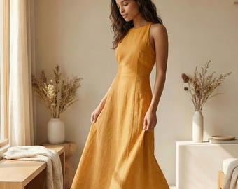 100% Linen dress women, Elegant linen dress long, Simple linen sundress, Summer linen dress, Evening linen dress, Linen sleeveless dress