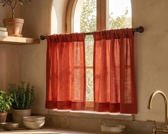 Linen cafe curtain, Linen kitchen curtains,Custom cafe curtain panels,Short linen rod curtain,Rod pocket linen curtains,Custom linen curtain