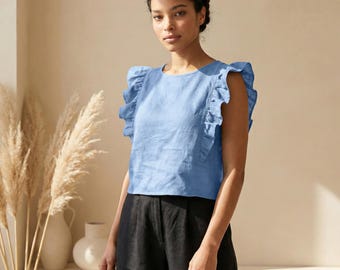 100% Linen ruffle sleeve top, Linen crop top women, Linen sleeveless top, Ruffle linen blouse, Linen blouse women, Plus size linen top