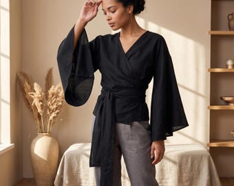 100% Linen kimono top, Linen wrap blouse, Linen kimono shirt women, Linen wide sleeve shirt, Linen wrap shirt woman, Plus size linen shirt