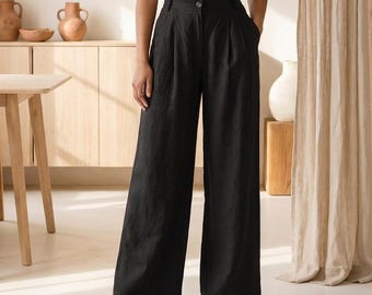 Pantalones 100% lino para mujer, Pantalones de lino de cintura alta, Pantalones de lino elegantes de pierna ancha, Pantalones largos de lino, Pantalones de lino de verano, Pantalones de lino para mujer