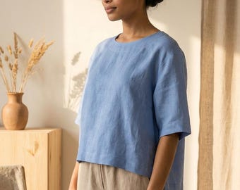 100% Linen cropped top, Loose linen tops, Linen T-shirt women, Linen crop top women, Linen summer top womens, Linen tops plus size