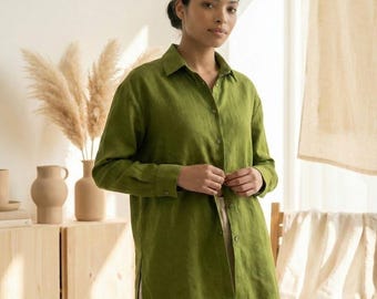 100% Linen shirt womens, Linen button down shirt women,Oversized linen shirt,Loose linen shirt,Long sleeve linen shirt,Plus size linen shirt