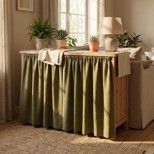 Cortina de lino para escondite, cortina de lino para armario, faldón de lino para lavavajillas, cortina de lino para escondite de cocina, faldón de lino para fregadero, cortina de lino para estante