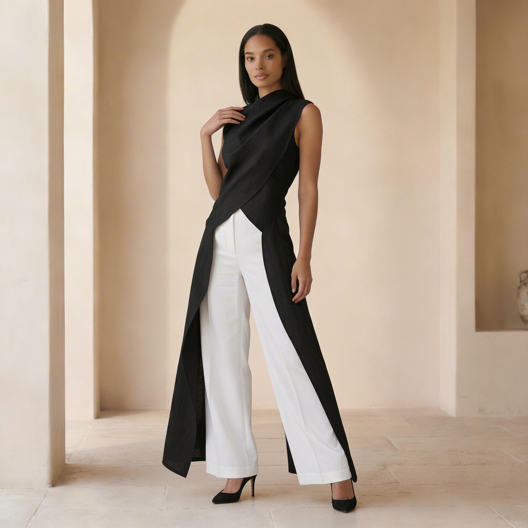 black high-neck asymmetric belted a-line dress Asymmetric High-Neck Flowing A-Line Maxi Dress – Camp Creek Vintage