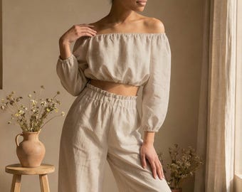 100% Linen two piece set women, Linen top and pants set women, Linen suits for women, Linen summer suit women, Plus size linen set for women