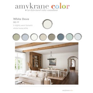 Puede incluir: Una gu&iacute;a de paleta de colores de amykrane color con el tono de pintura White Dove OC-17, mostrada con ocho muestras de pintura circulares en varios tonos neutros sobre una fotograf&iacute;a de un comedor y sala de estar con paredes blancas.