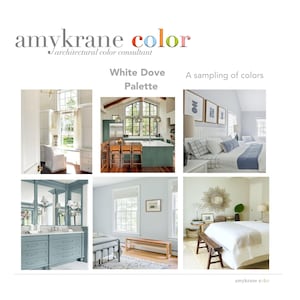 Puede incluir: Un collage digital titulado White Dove Palette de amykrane color, que presenta seis fotograf&iacute;as de dise&ntilde;o de interiores. Las im&aacute;genes muestran habitaciones con esquemas de color blanco, azul y verde, incluyendo una cocina, dormitorios y un ba&ntilde;o.