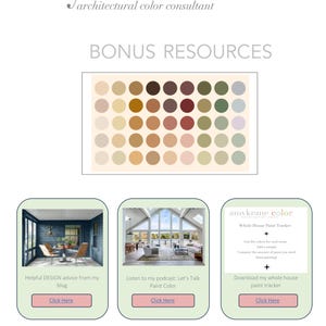 Puede incluir: Un gr&aacute;fico digital con el texto amykrane color architectural color consultant y BONUS RESOURCES. Muestra una cuadr&iacute;cula de cuarenta y dos muestras de color de pintura circulares en varios tonos neutros, adem&aacute;s de tres botones rectangulares.