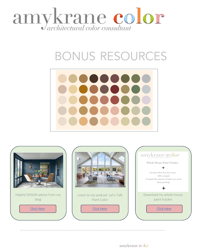 Puede incluir: Un gr&aacute;fico digital con el texto amykrane color architectural color consultant y BONUS RESOURCES. Muestra una cuadr&iacute;cula de cuarenta y dos muestras de color de pintura circulares en varios tonos neutros, adem&aacute;s de tres botones rectangulares.