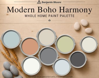 Paleta de colores de pintura para toda la casa con un estilo bohemio moderno y armonioso.