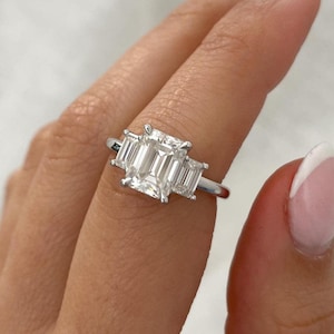 Three Stone Emerald Cut Moissanite Engagement Ring Side Stone Baguettes 18K Gold Ring Past Present Future Ring