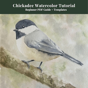Könnte beinhalten: Aquarellmalerei einer Kohlmeise auf einem Ast. Der Vogel hat einen schwarzen Kopf, einen grauen Rücken und eine weiße Brust. Der Ast ist braun und der Hintergrund ist ein weiches, gedämpftes Grün. Der Text oben lautet "Chickadee Watercolor Tutorial" und "Beginner PDF Guide + Templates."