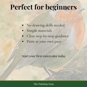 Puede incluir: Imagen de un tutorial de pintura a la acuarela. El texto dice "Perfecto para principiantes" con beneficios: no se necesitan habilidades de dibujo, materiales sencillos, gu&iacute;a clara, pinta a tu propio ritmo. Incluye un p&aacute;jaro pintado.