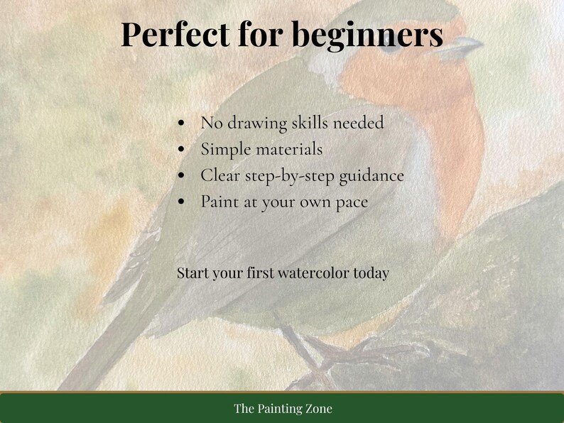 Puede incluir: Imagen de un tutorial de pintura a la acuarela. El texto dice "Perfecto para principiantes" con beneficios: no se necesitan habilidades de dibujo, materiales sencillos, gu&iacute;a clara, pinta a tu propio ritmo. Incluye un p&aacute;jaro pintado.