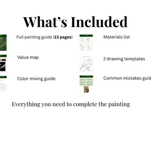 Puede incluir: Imagen que muestra el texto "Qu&eacute; est&aacute; incluido" y una lista de elementos. La lista incluye una gu&iacute;a de pintura completa, una lista de materiales, un mapa de valores, una gu&iacute;a de mezcla de colores, plantillas de dibujo y una gu&iacute;a de errores comunes.
