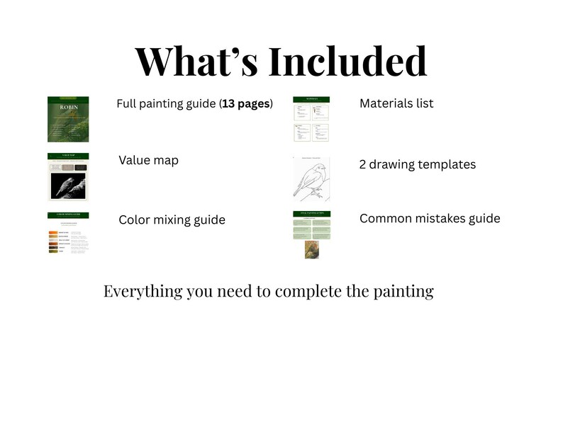 Puede incluir: Imagen que muestra el texto "Qu&eacute; est&aacute; incluido" y una lista de elementos. La lista incluye una gu&iacute;a de pintura completa, una lista de materiales, un mapa de valores, una gu&iacute;a de mezcla de colores, plantillas de dibujo y una gu&iacute;a de errores comunes.