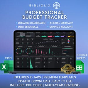 Könnte beinhalten: Ein Laptop mit einem professionellen Budget-Tracker mit dunkler Oberfläche. Der Bildschirm zeigt Diagramme und Datenvisualisierungen. Der Text auf dem Bildschirm enthält "Dynamisches Dashboard", "Jahresübersicht", "Schulden-Schneeball" und "Sparkonto".