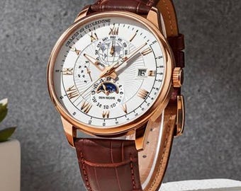 Rose Gold Leather Band Watch With Day Window, Luminous Hands, Coordinated Pen