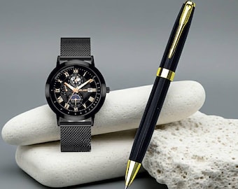 腕時計とペンがセットになったギフト、男性にも女性にもぴったりのファッショナブルなジェットブラックウォッチ
